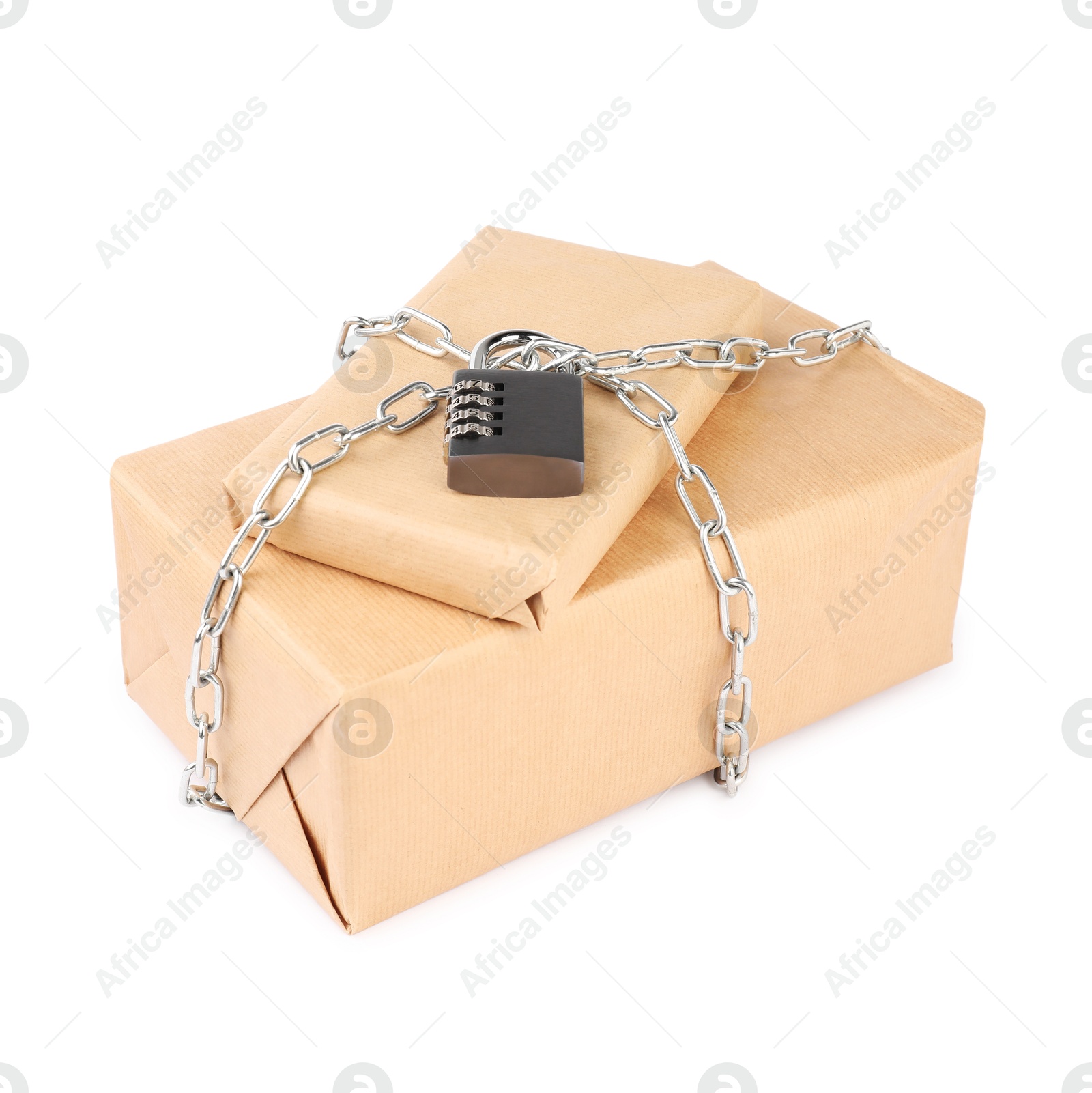 Photo of Parcels with chain and padlock isolated on white