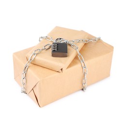 Photo of Parcels with chain and padlock isolated on white