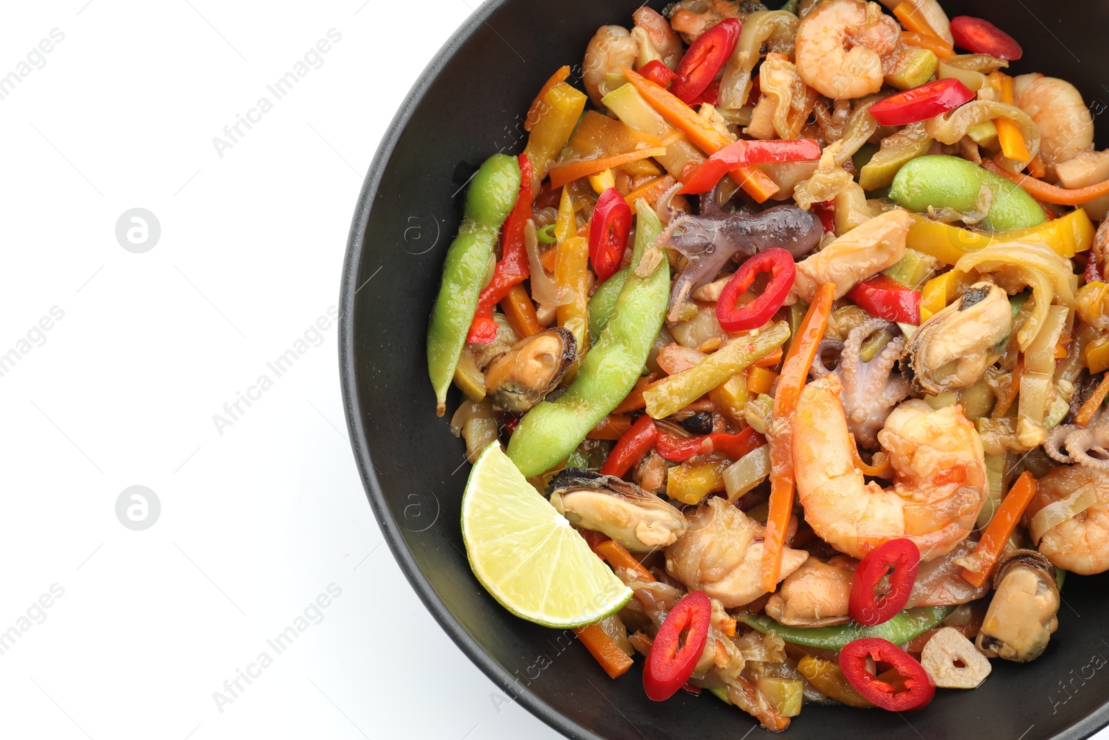 Photo of Stir-fry sea food in bowl on white background, top view