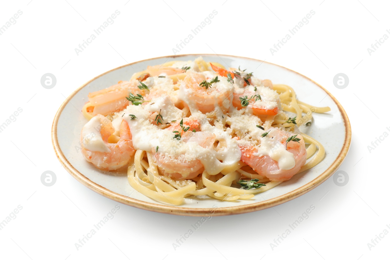 Photo of Tasty pasta with shrimps, creamy sauce and cheese isolated on white