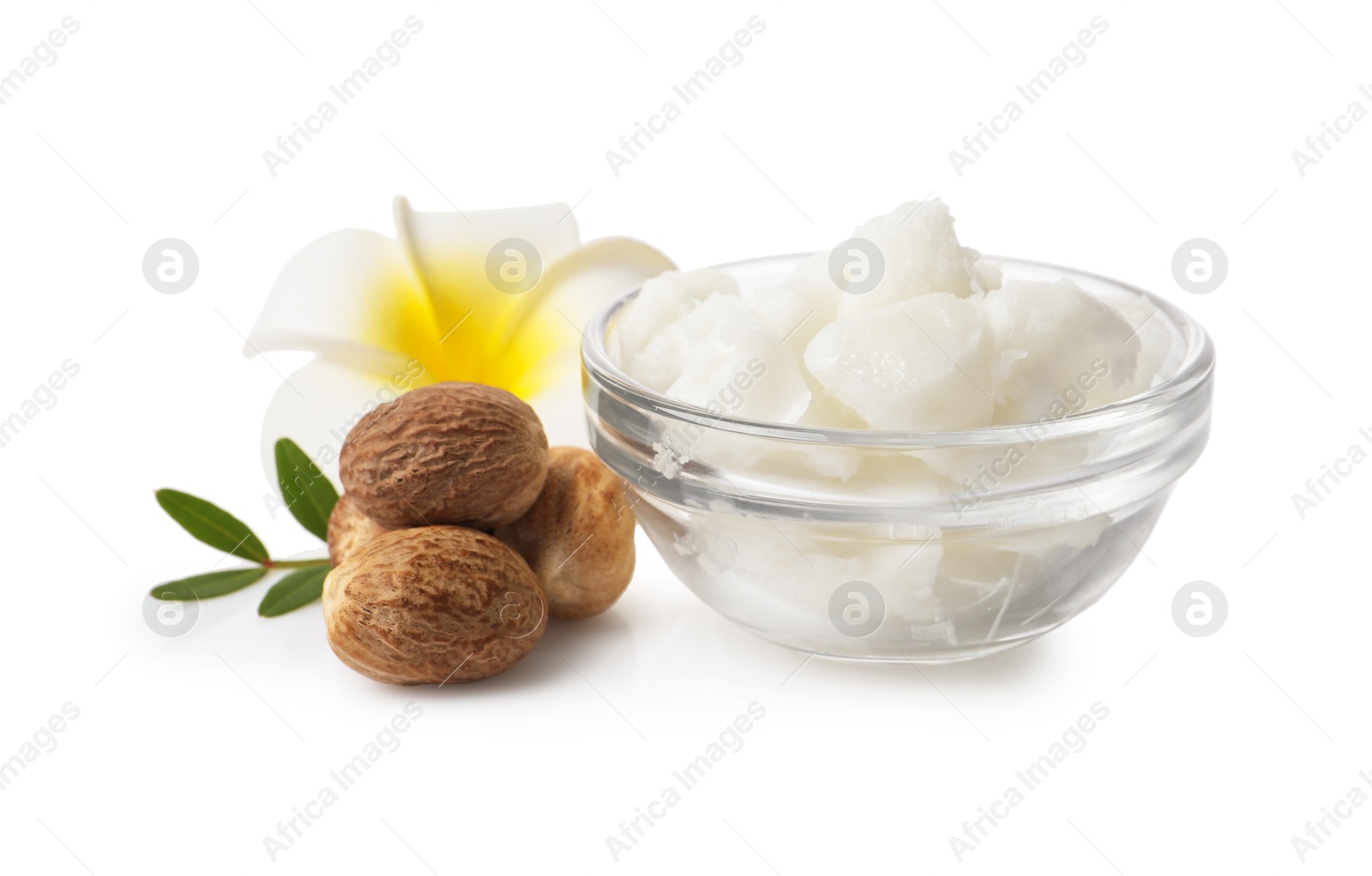 Photo of Shea butter in bowl, flower and nuts isolated on white