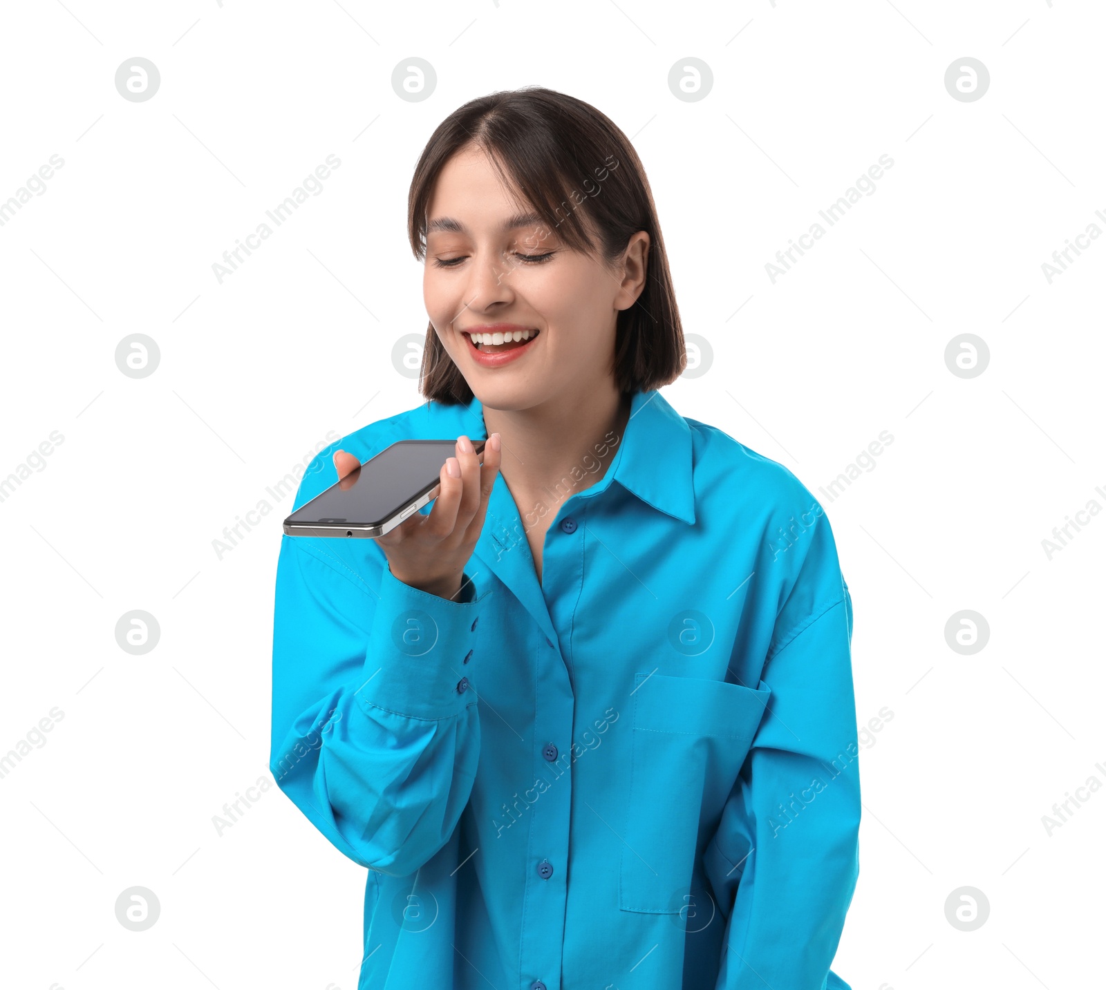 Photo of Beautiful woman recording voice message via smartphone on white background