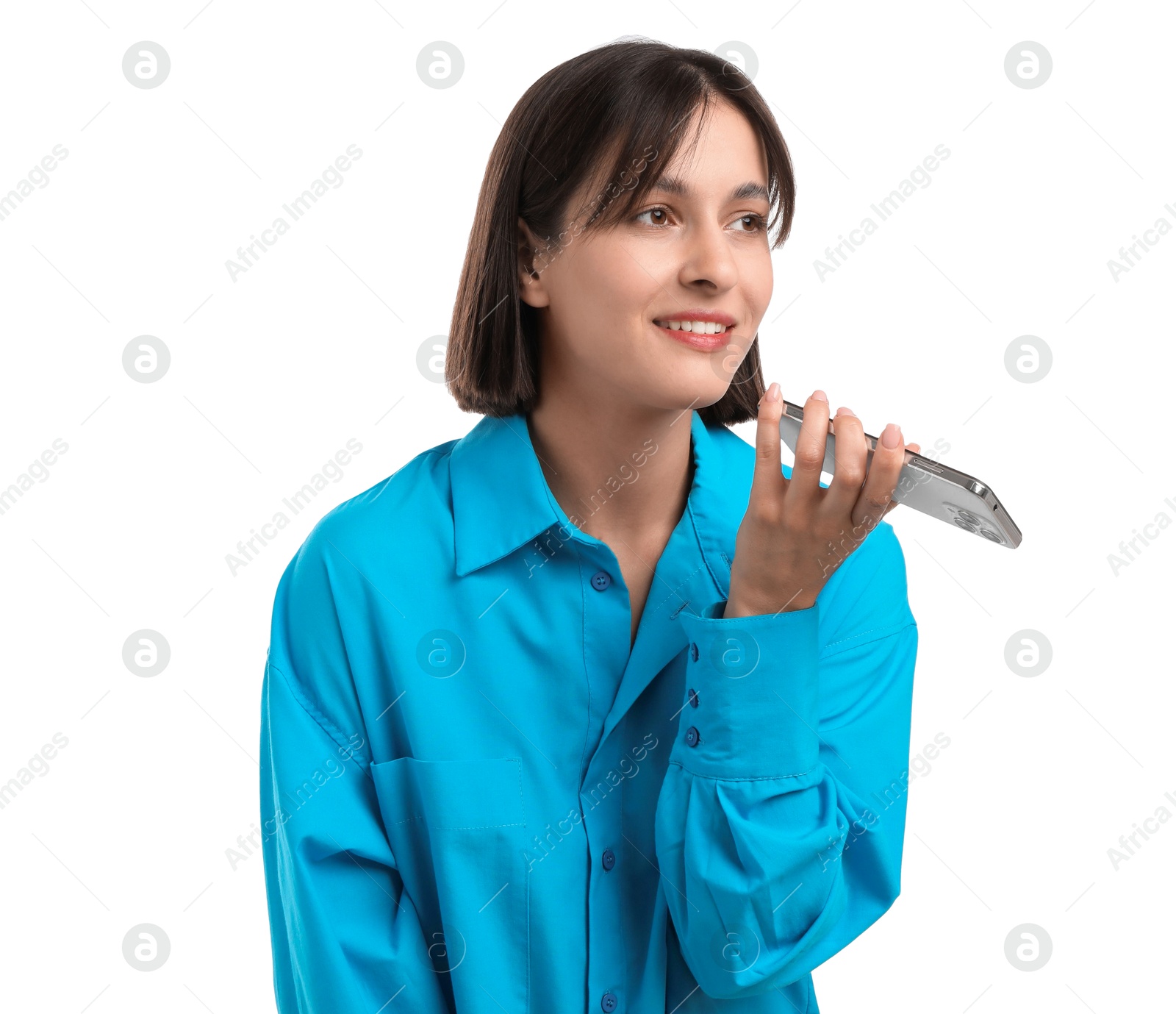 Photo of Beautiful woman recording voice message via smartphone on white background