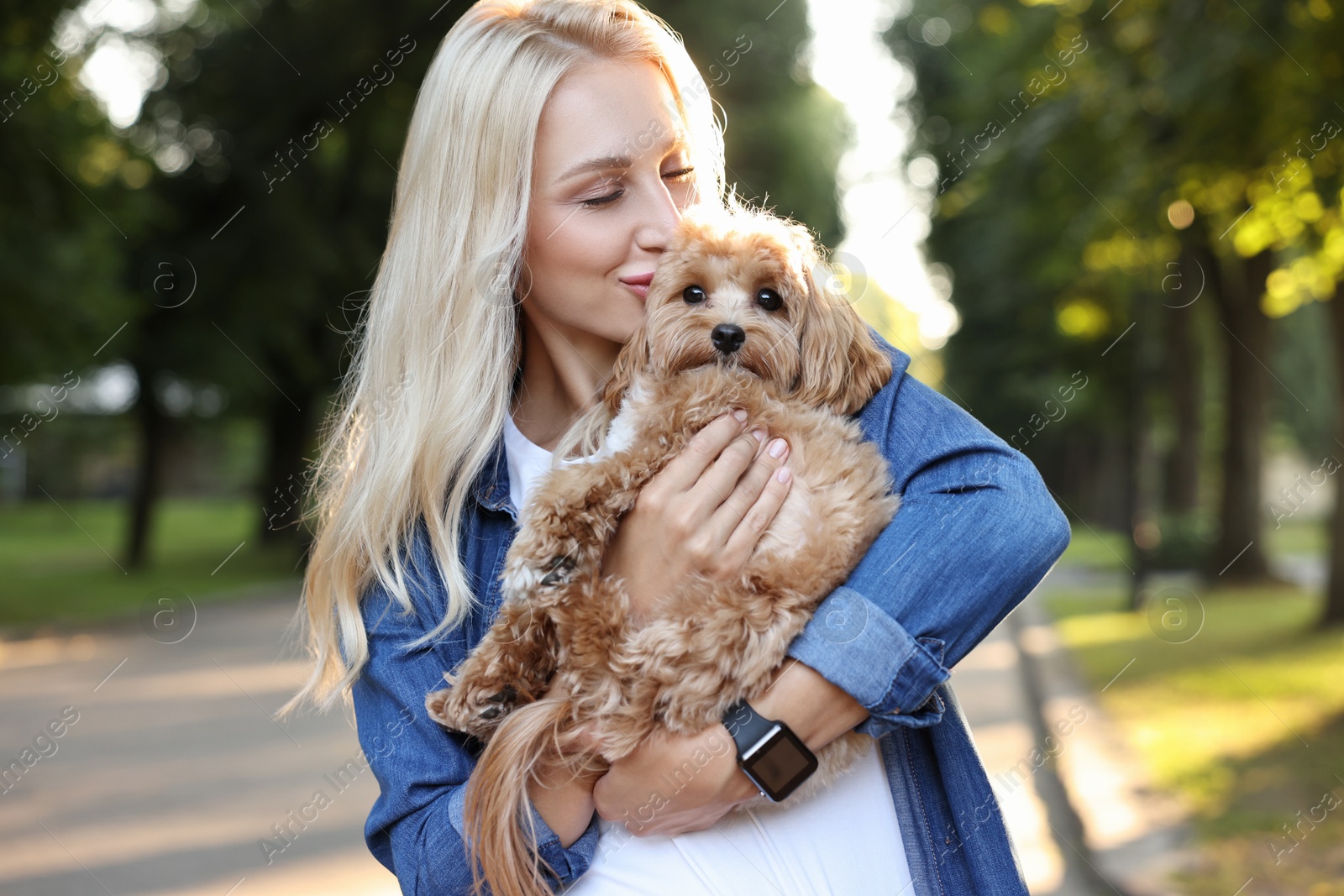 Photo of Beautiful young woman with cute dog in park