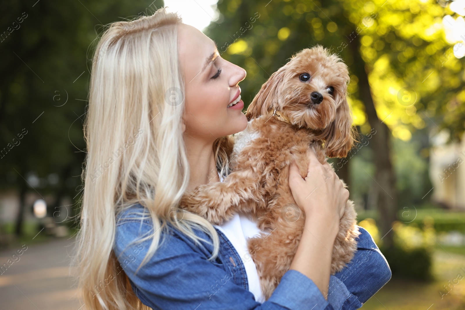 Photo of Beautiful young woman with cute dog in park