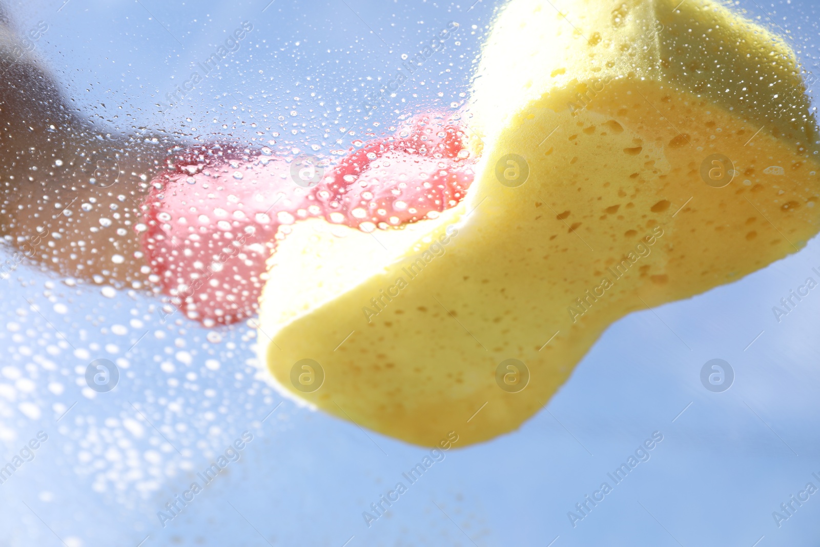 Photo of Woman washing window with sponge against blue sky, closeup