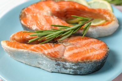 Photo of Tasty grilled salmon steaks and rosemary on light blue plate, closeup