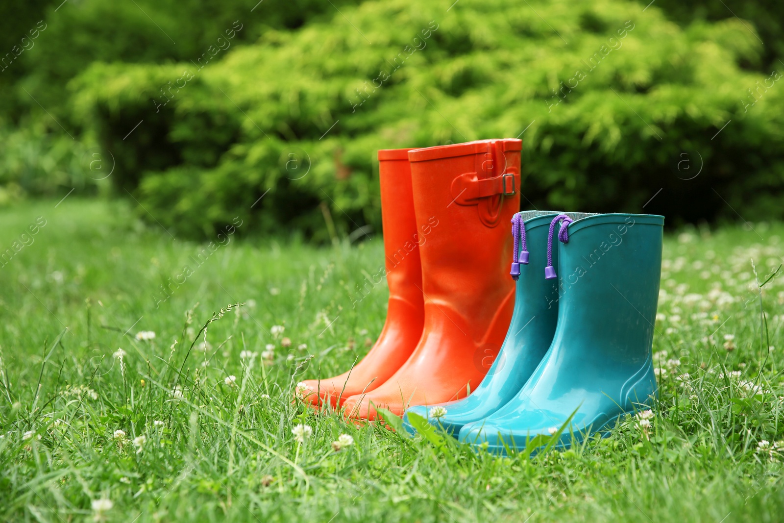 Photo of Two pairs of rubber boots on green grass outdoors