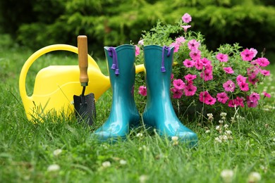 Photo of Rubber boots, gardening tools and petunia flowers on green grass outdoors