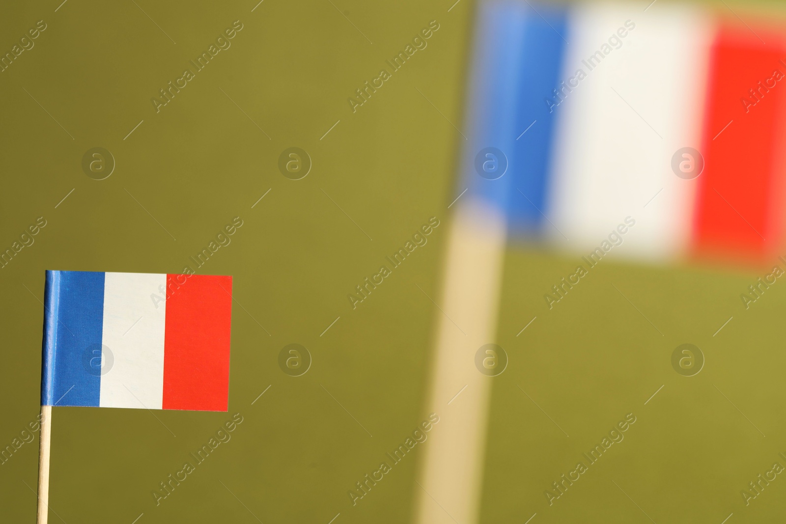 Photo of Small paper flags of France on olive background