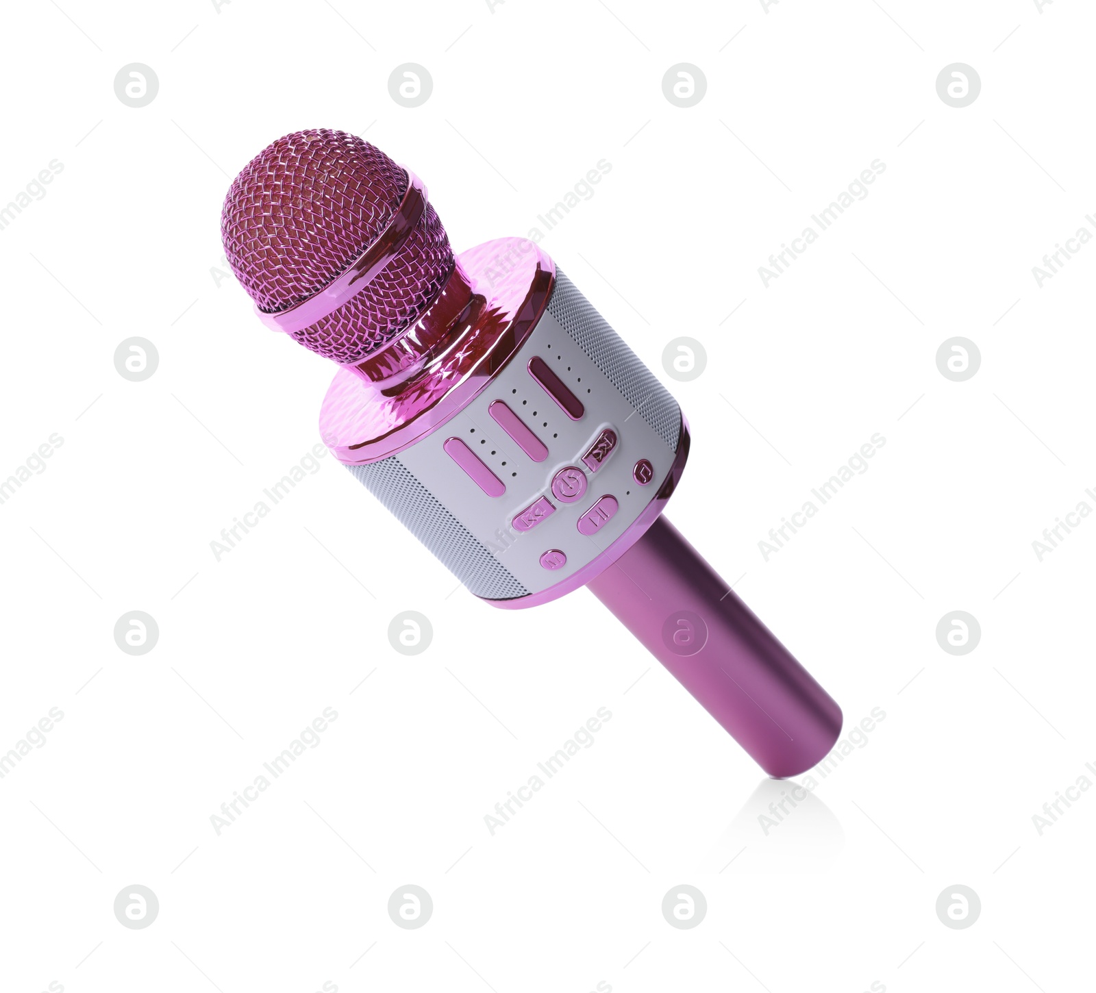 Photo of One pink karaoke microphone isolated on white