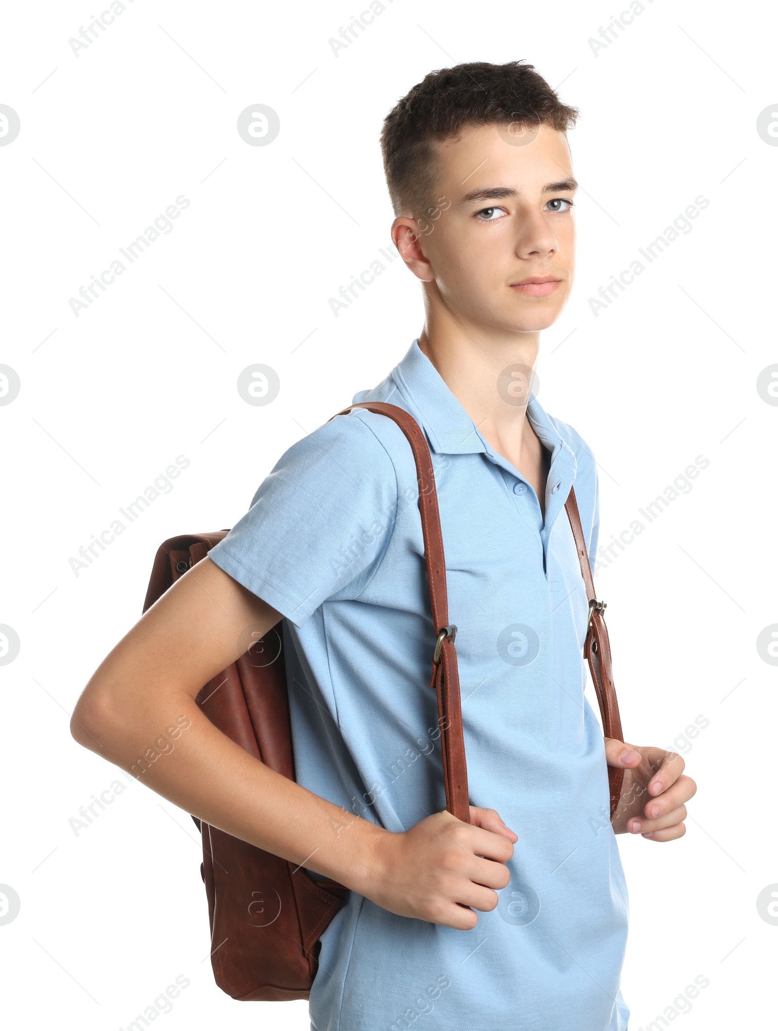 Photo of Portrait of teenage boy with backpack on white background