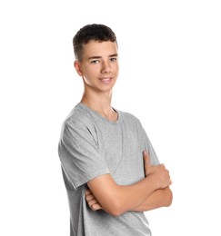 Photo of Portrait of teenage boy on white background