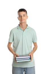 Photo of Portrait of teenage boy with books on white background