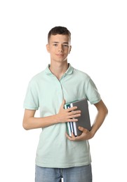 Photo of Portrait of teenage boy with books on white background