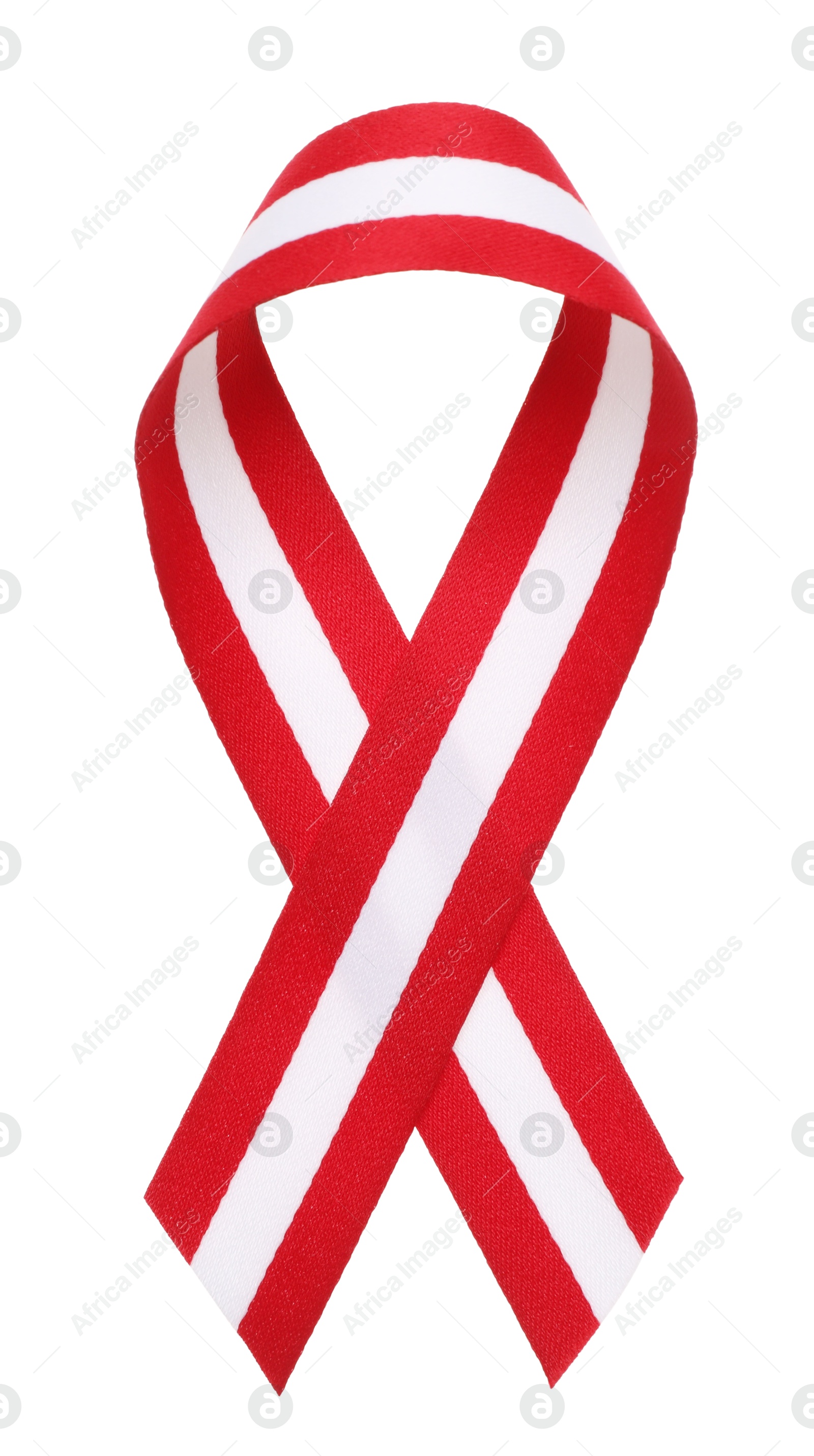 Photo of Ribbon in colors of Austrian flag isolated on white, top view