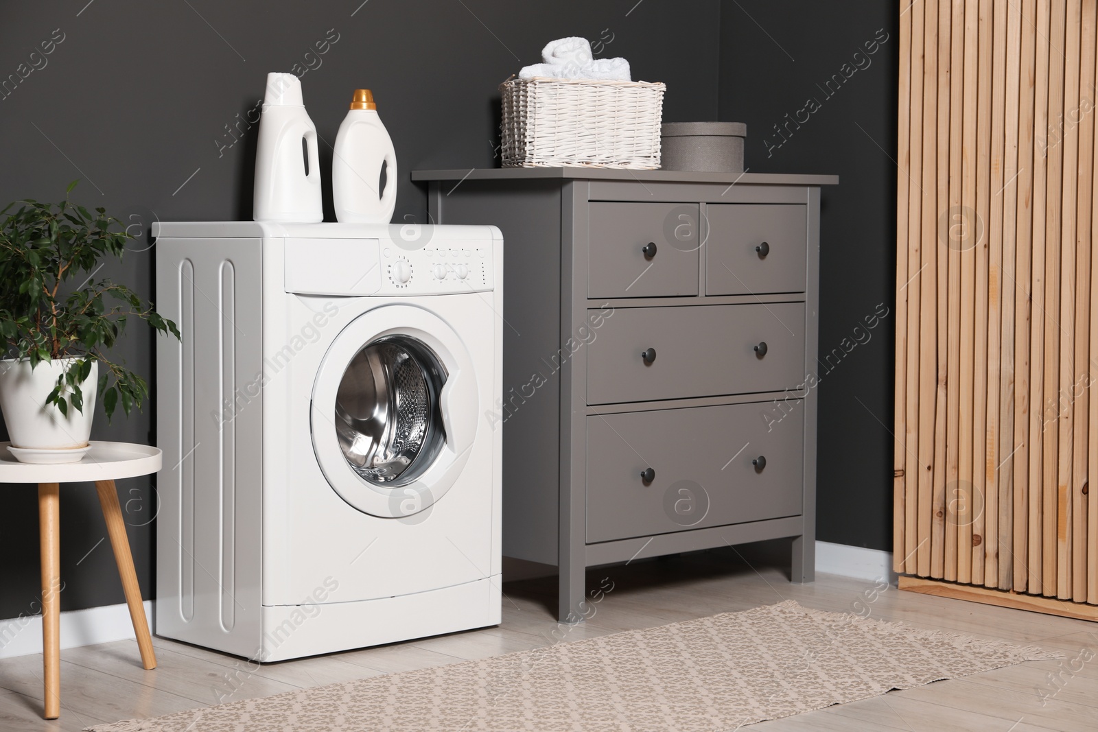 Photo of Washing machine, detergents, chest of drawers and houseplant on table indoors