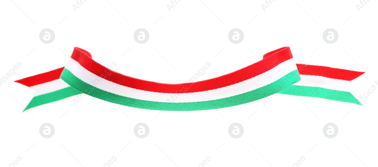 Photo of Ribbon in colors of Italian flag isolated on white, top view