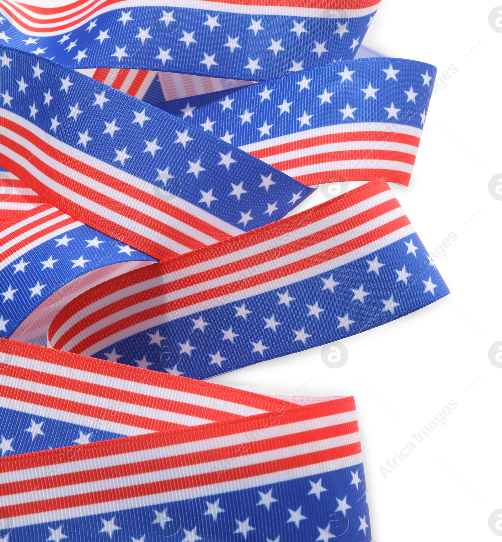 Photo of Ribbon in colors of American flag isolated on white, top view