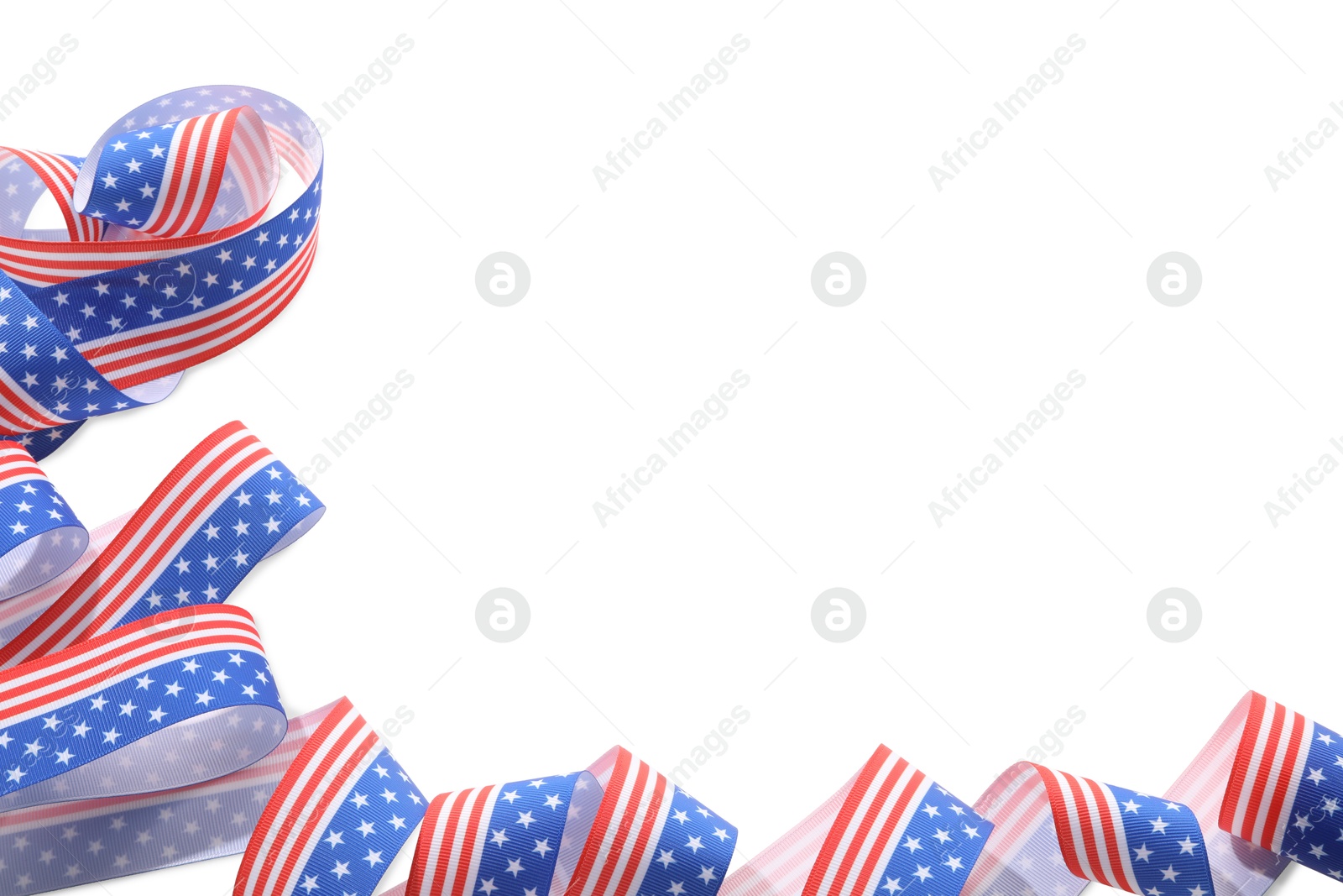 Photo of Ribbon in colors of American flag isolated on white, top view