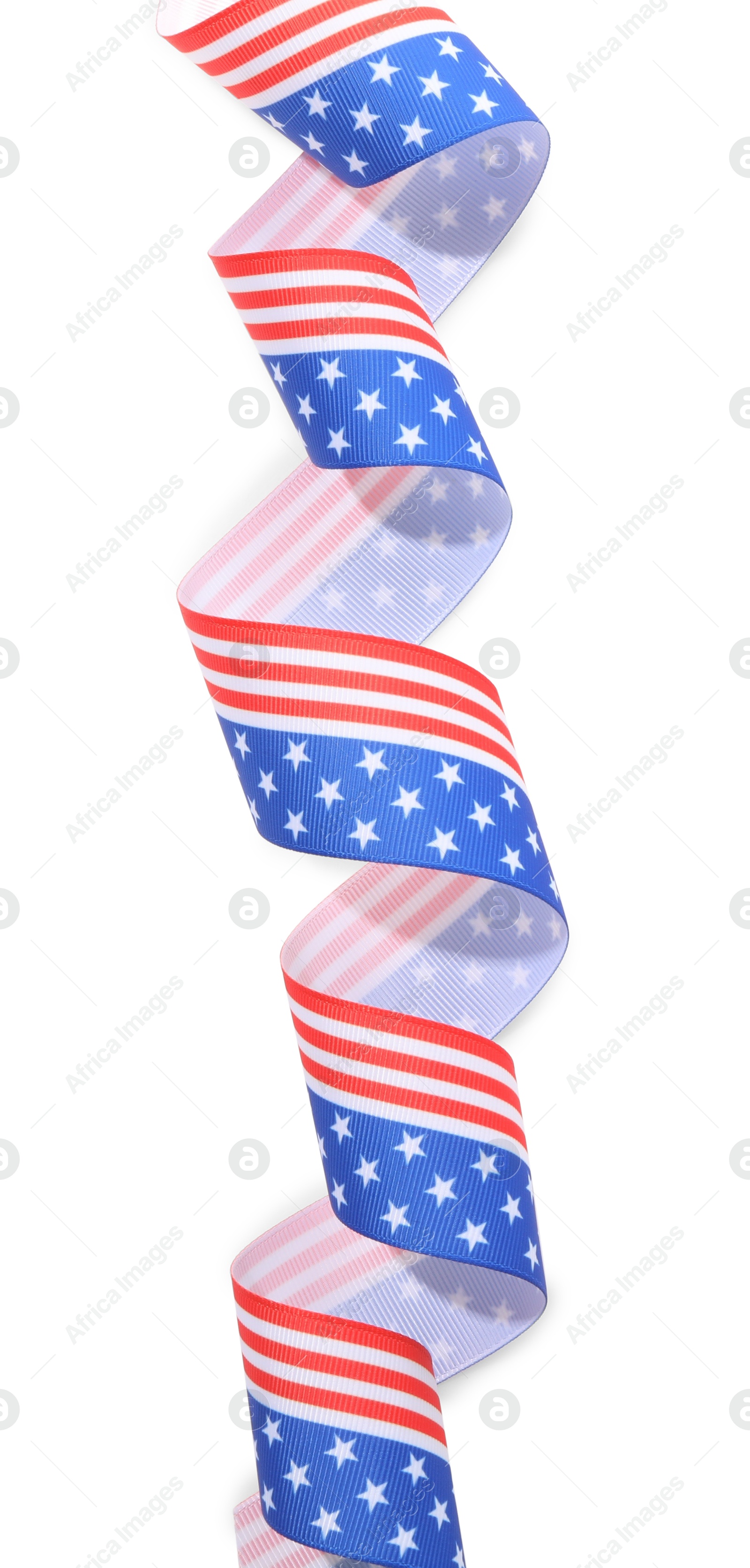 Photo of Ribbon in colors of American flag isolated on white, top view