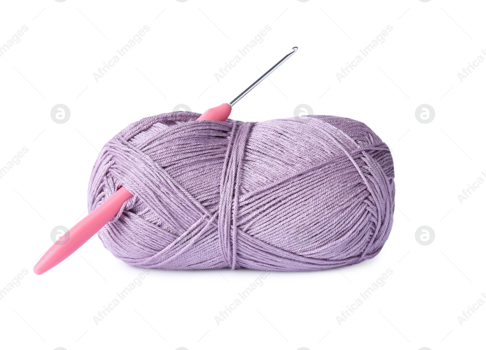 Photo of Skein of violet yarn and crochet hook isolated on white