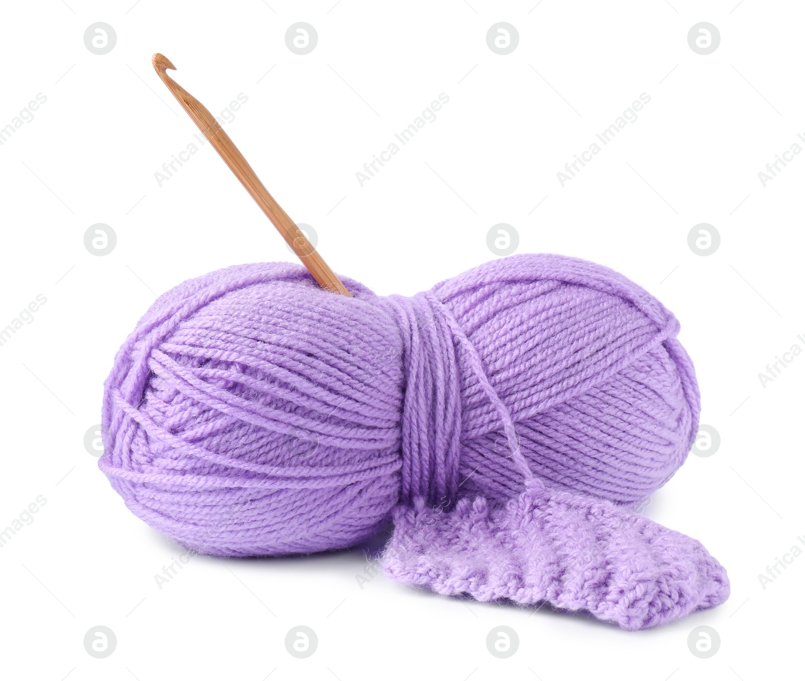 Photo of Violet skein of yarn, pattern sample and crochet hook isolated on white