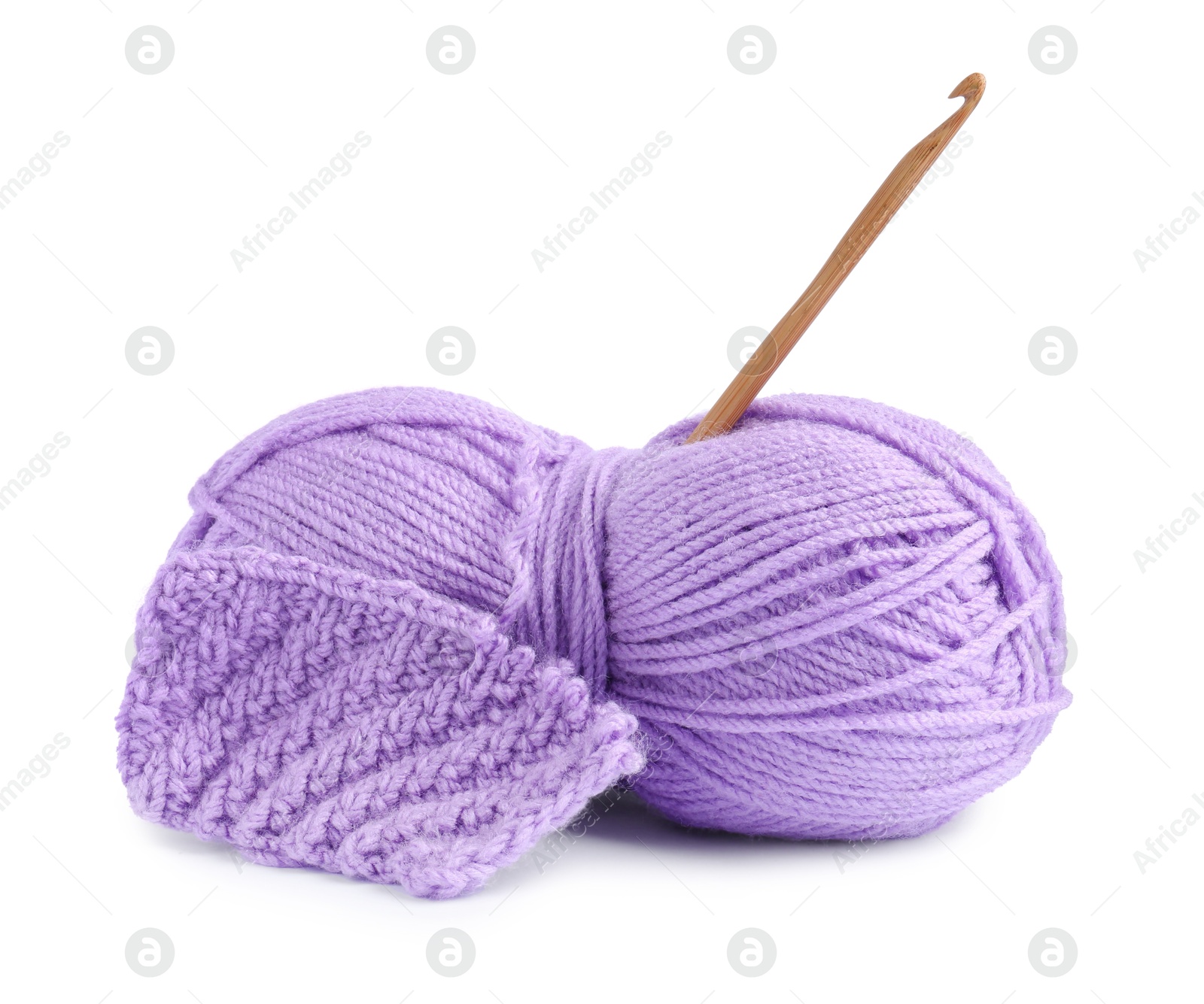 Photo of Violet skein of yarn, pattern sample and crochet hook isolated on white