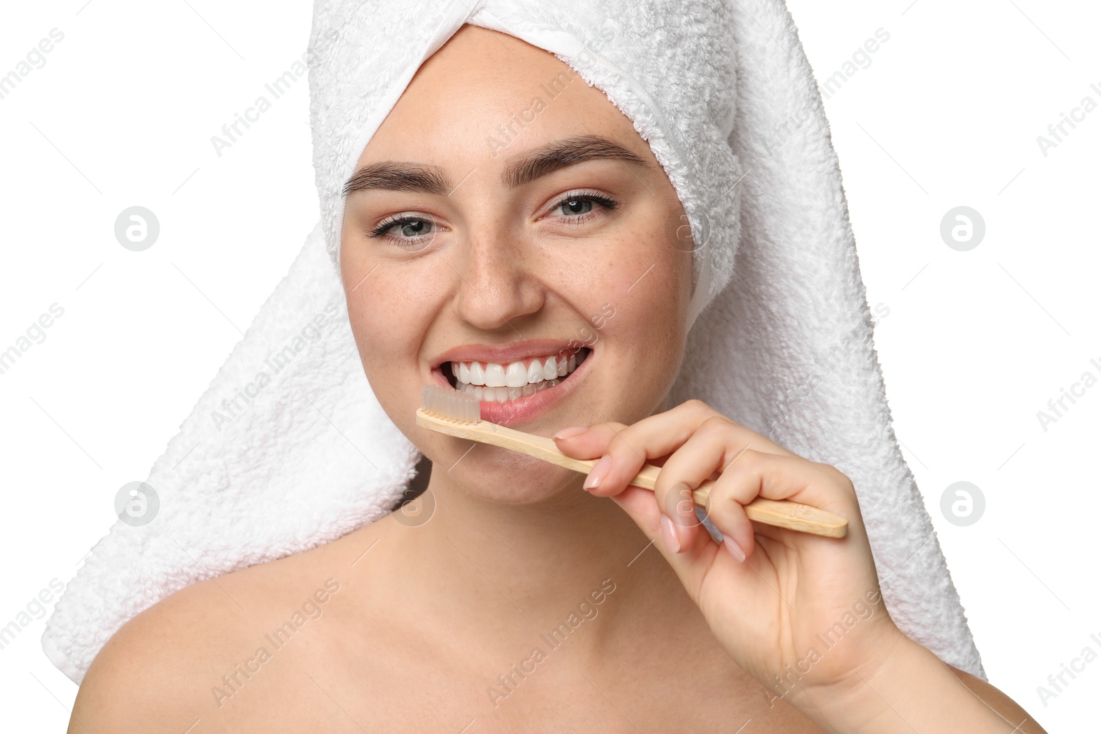 Photo of Beautiful woman brushing her teeth on white background