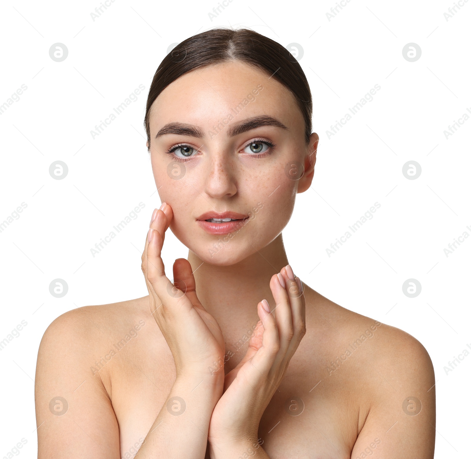 Photo of Beautiful young woman with healthy skin on white background