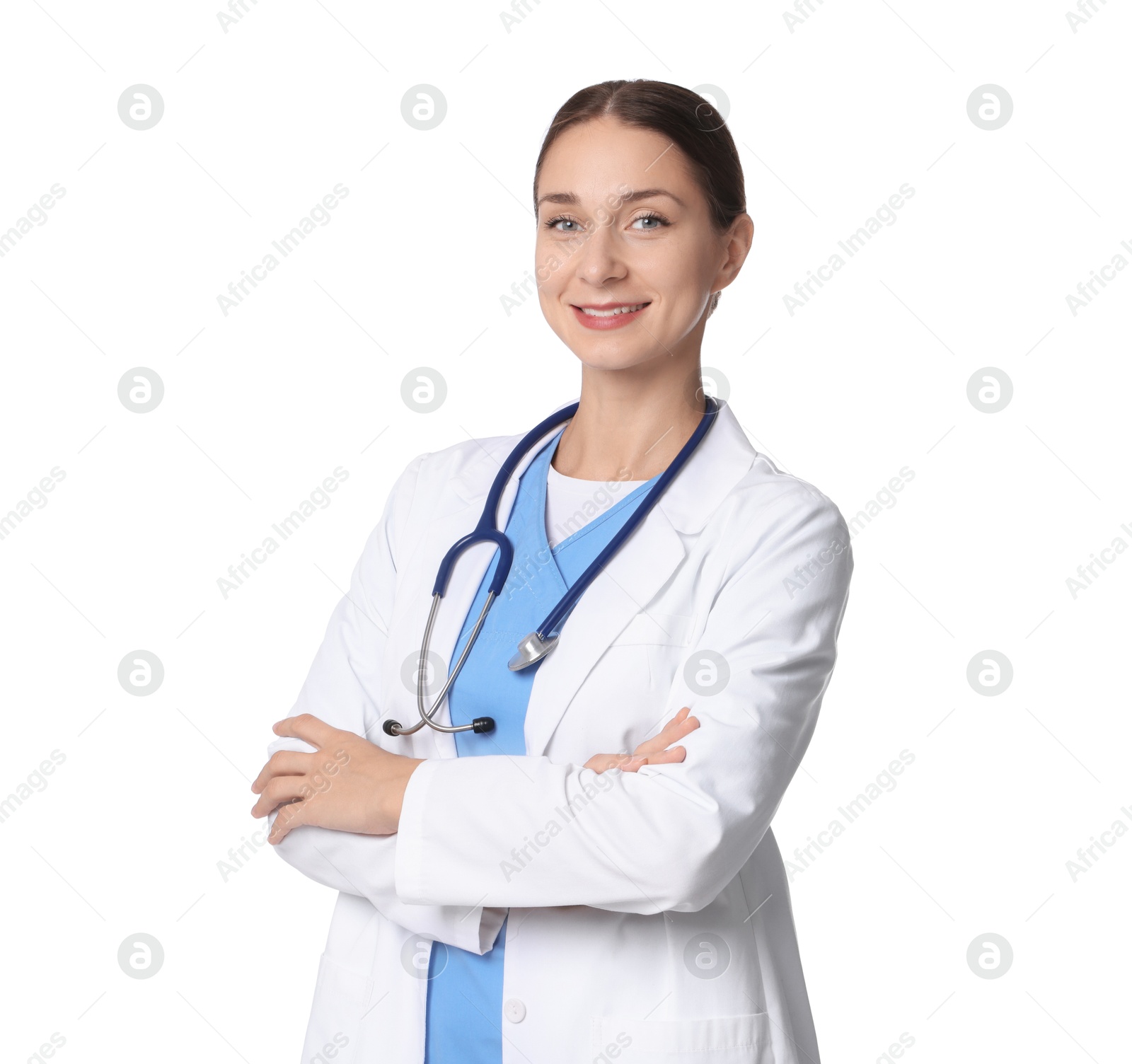 Photo of Nurse in medical uniform with stethoscope on white background