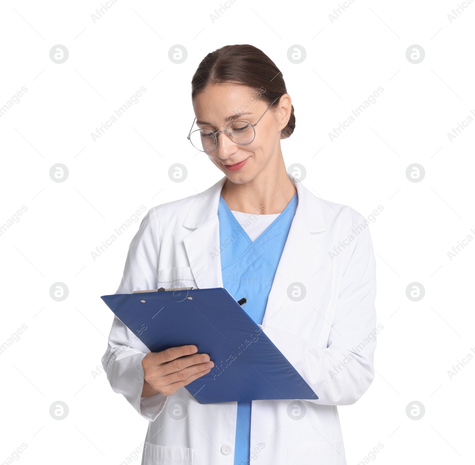 Photo of Nurse in medical uniform with clipboard on white background