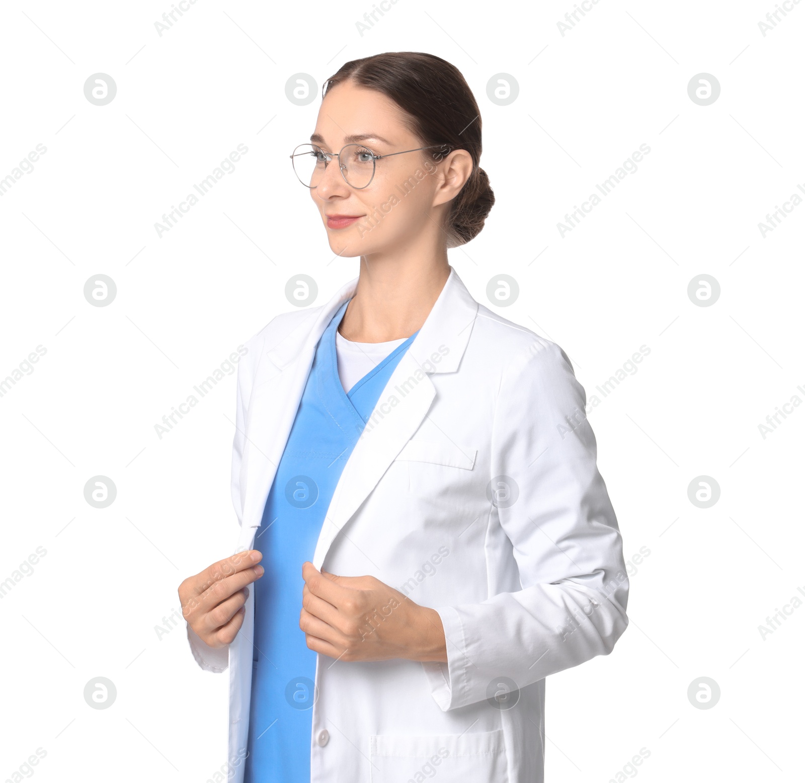 Photo of Nurse in medical uniform on white background