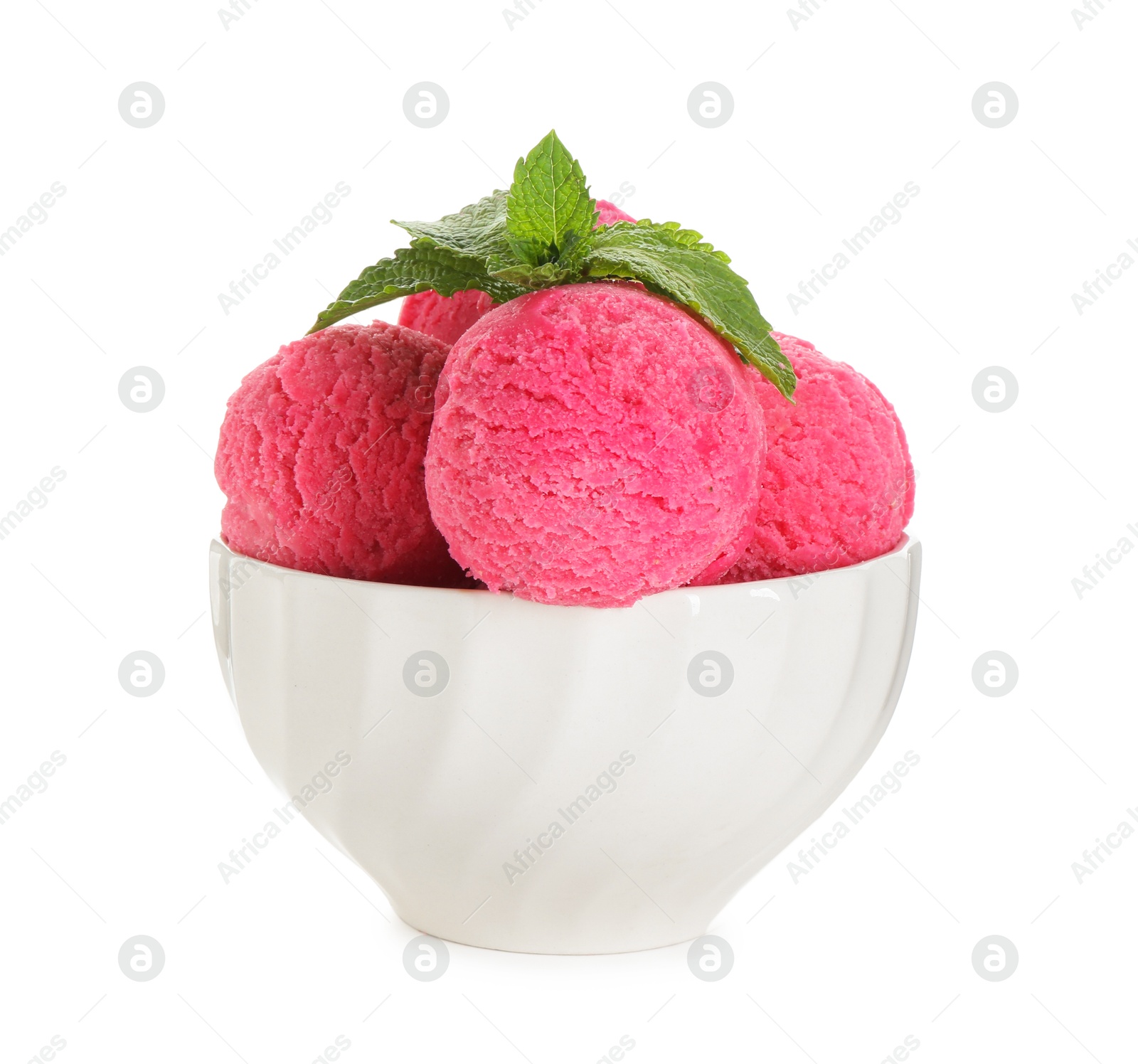 Photo of Scoops of tasty watermelon sorbet in bowl and mint isolated on white