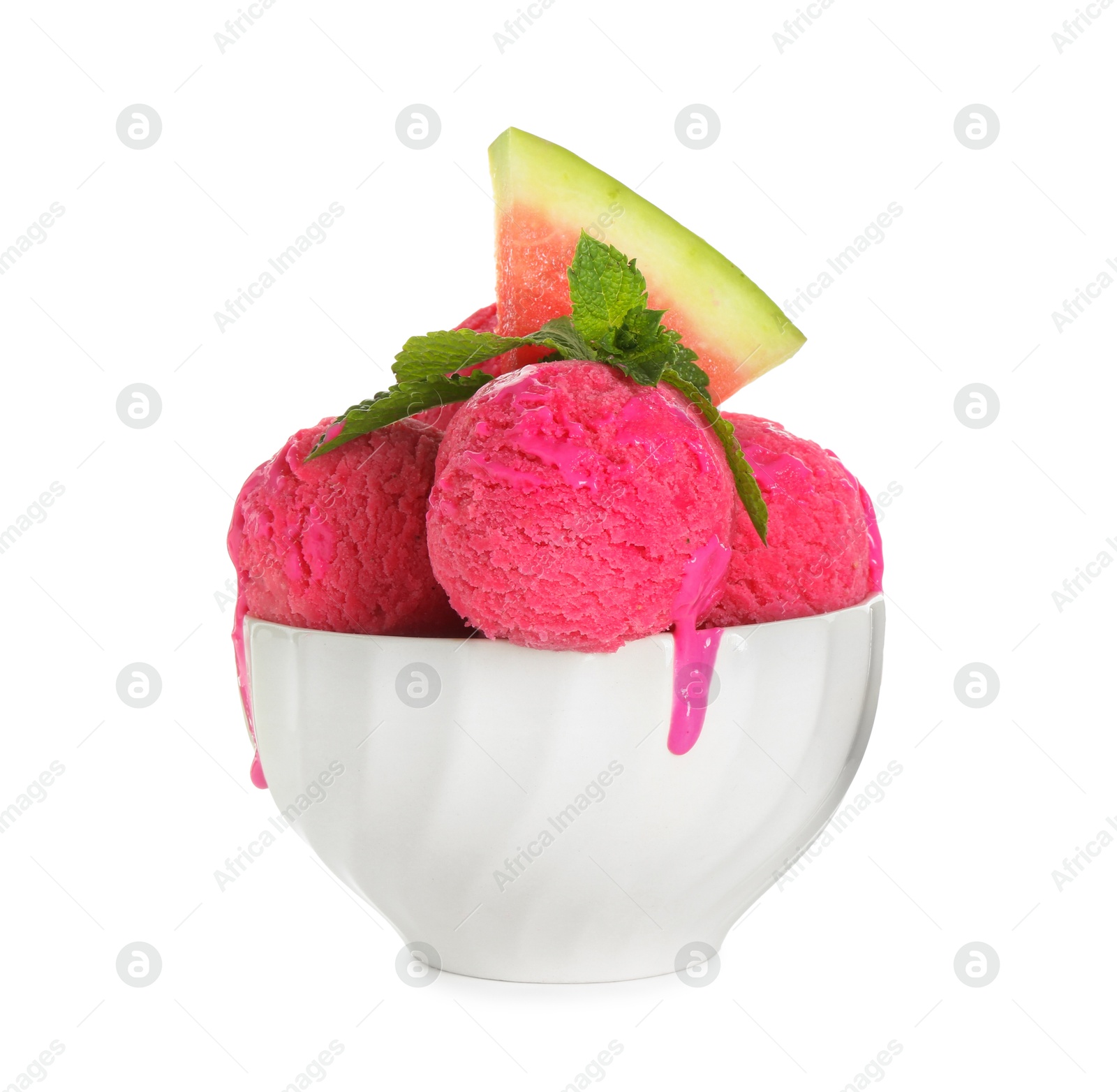 Photo of Scoops of tasty watermelon sorbet in bowl, fresh fruit and mint isolated on white