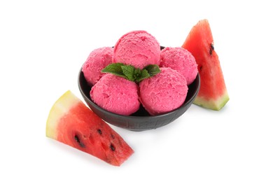 Photo of Scoops of tasty watermelon sorbet in bowl, fresh fruit and mint isolated on white