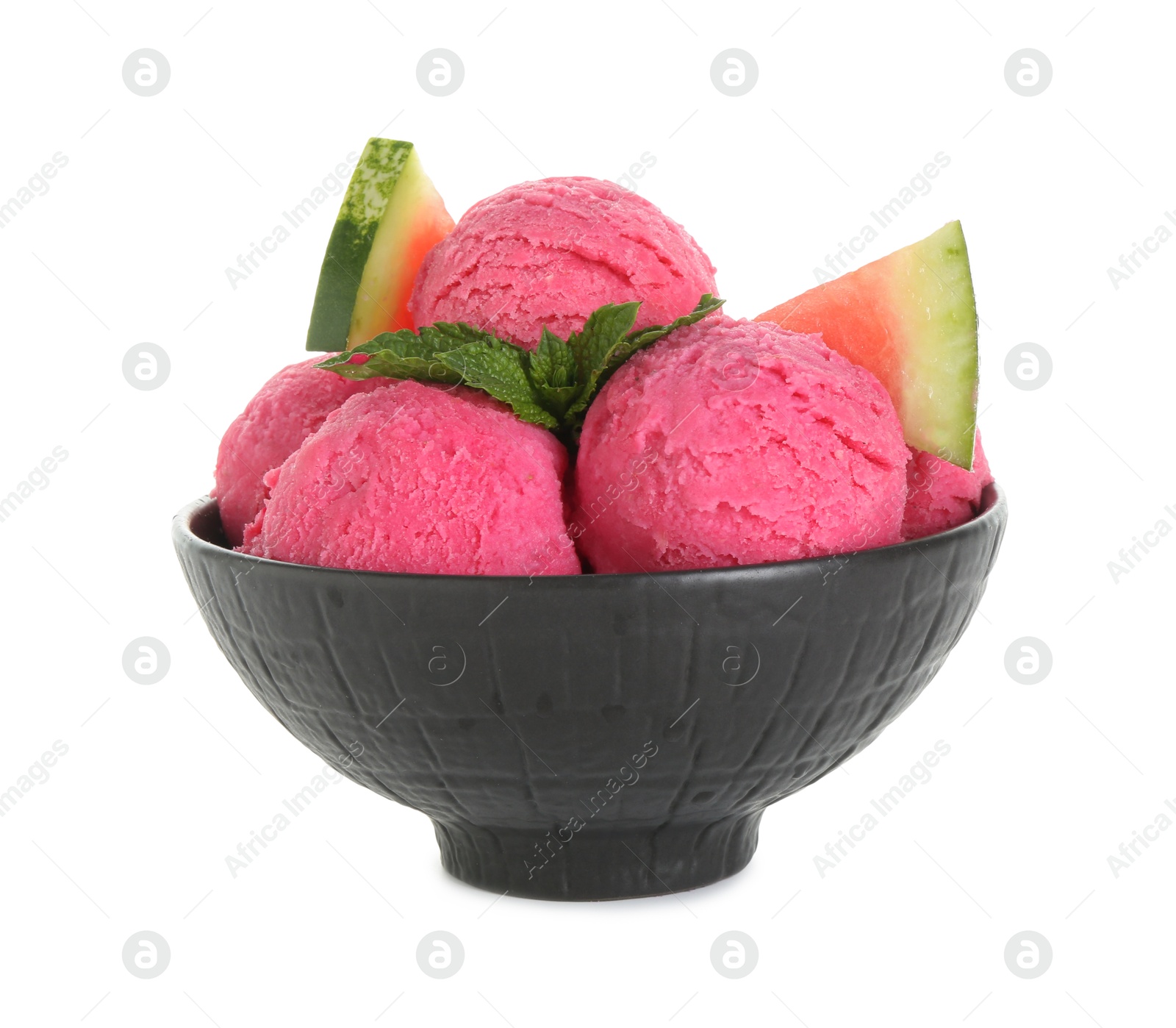 Photo of Scoops of tasty watermelon sorbet in bowl, fresh fruit and mint isolated on white