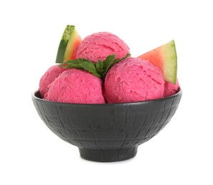 Photo of Scoops of tasty watermelon sorbet in bowl, fresh fruit and mint isolated on white