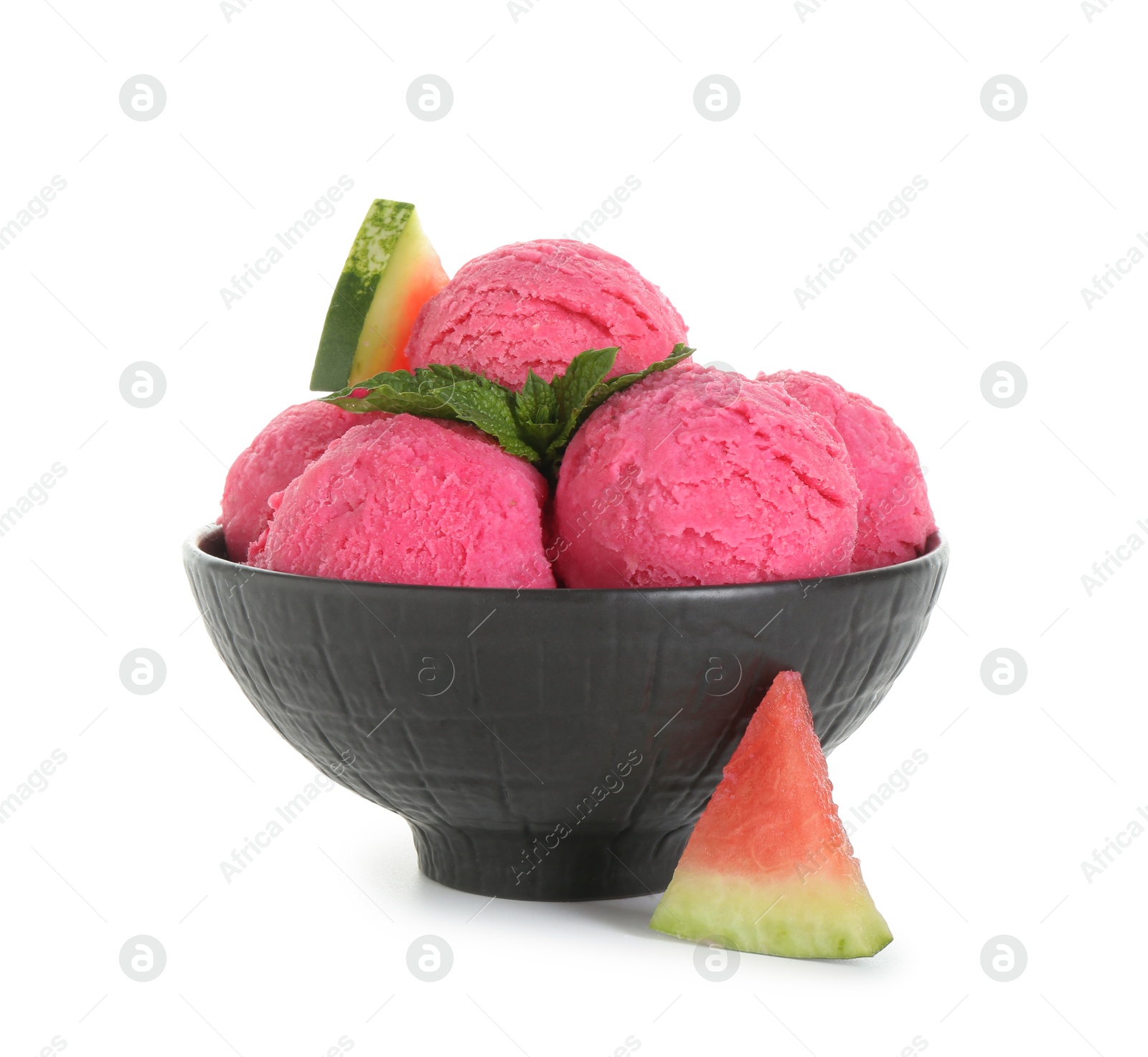 Photo of Scoops of tasty watermelon sorbet in bowl, fresh fruit and mint isolated on white