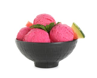 Photo of Scoops of tasty watermelon sorbet in bowl, fresh fruit and mint isolated on white