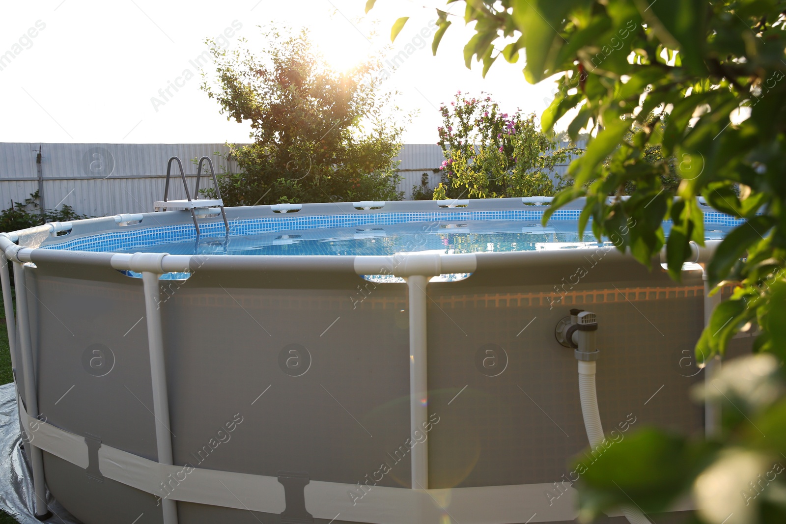 Photo of Above ground swimming pool in garden on sunny day