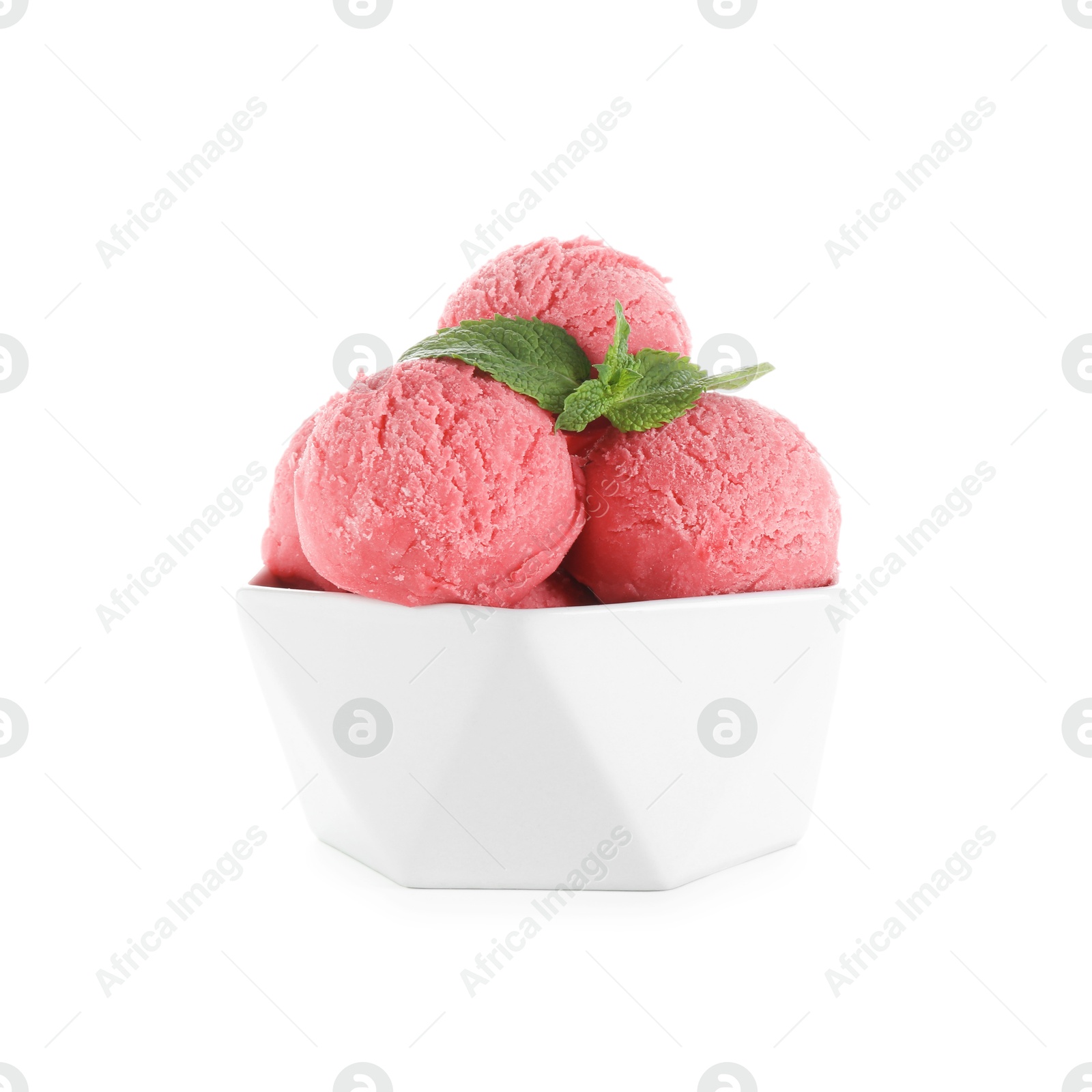 Photo of Scoops of tasty watermelon sorbet with mint in bowl isolated on white