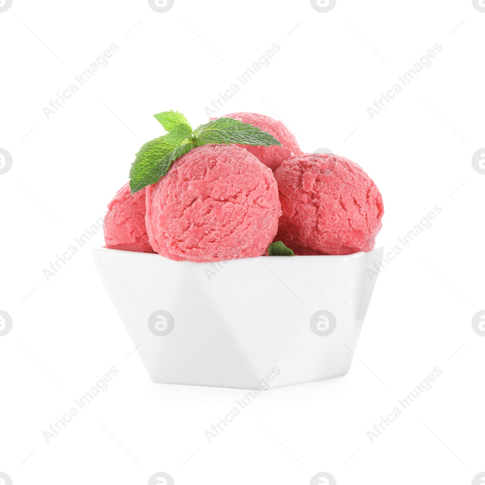 Photo of Scoops of tasty watermelon sorbet with mint in bowl isolated on white