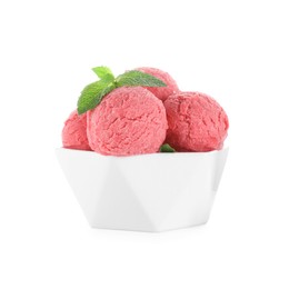 Photo of Scoops of tasty watermelon sorbet with mint in bowl isolated on white