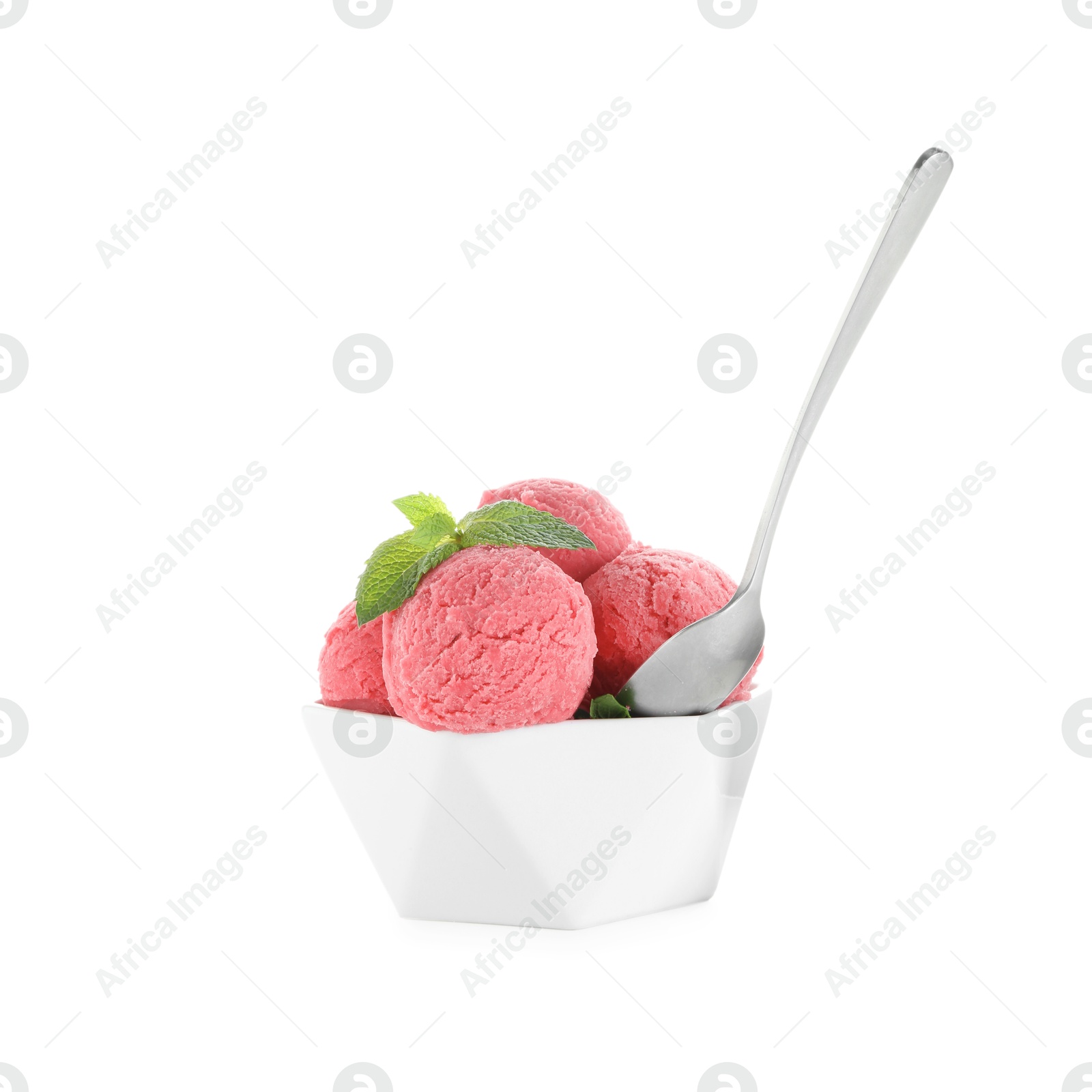 Photo of Scoops of tasty watermelon sorbet with mint in bowl and spoon isolated on white