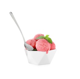 Photo of Scoops of tasty watermelon sorbet with mint in bowl and spoon isolated on white