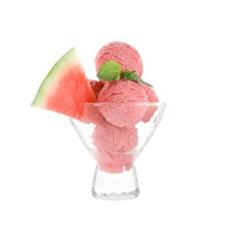 Photo of Scoops of tasty watermelon sorbet, fresh fruit and mint in glass dessert bowl isolated on white