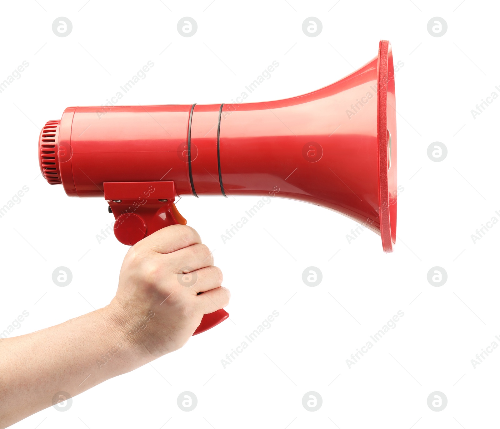 Photo of Woman holding megaphone speaker on white background, closeup