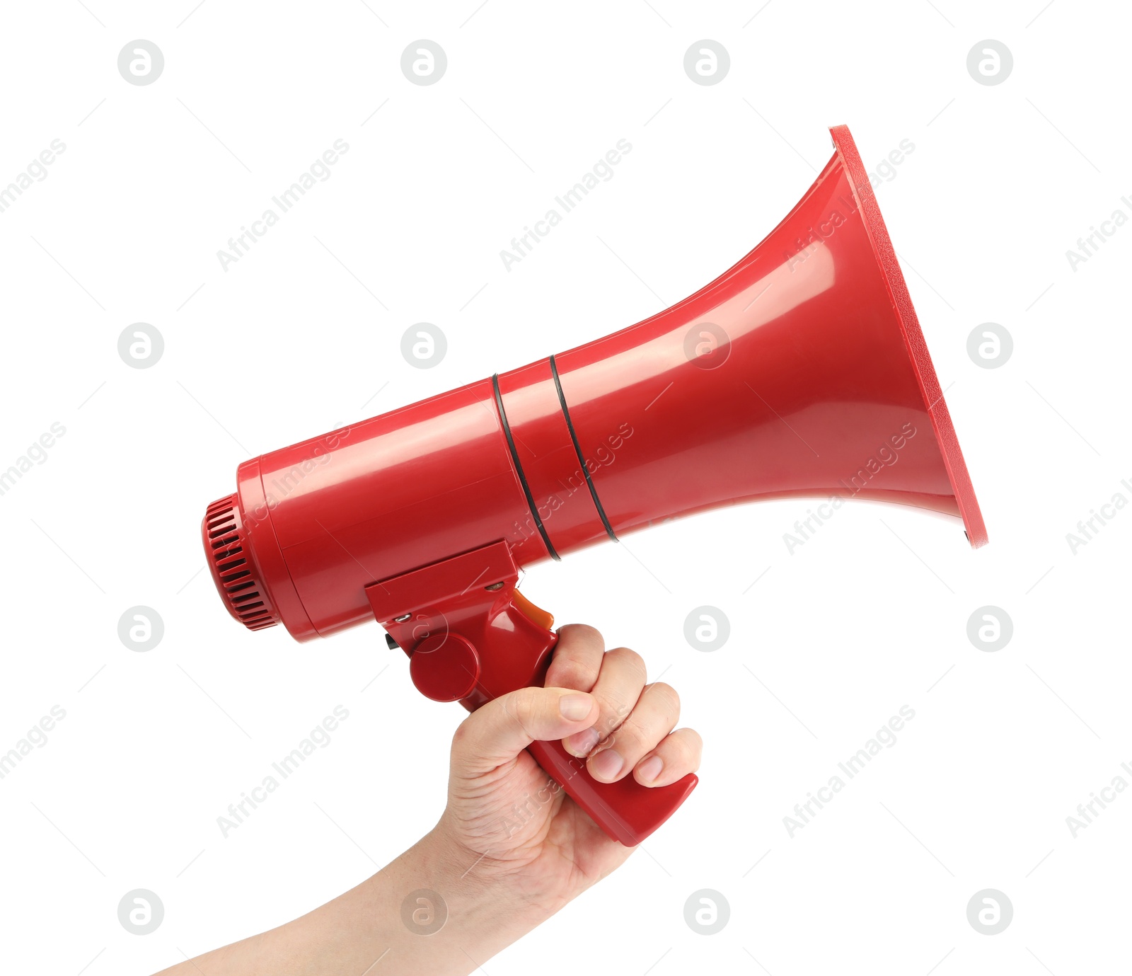 Photo of Woman holding megaphone speaker on white background, closeup