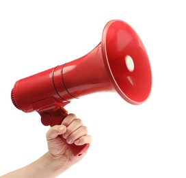 Woman holding megaphone speaker on white background, closeup